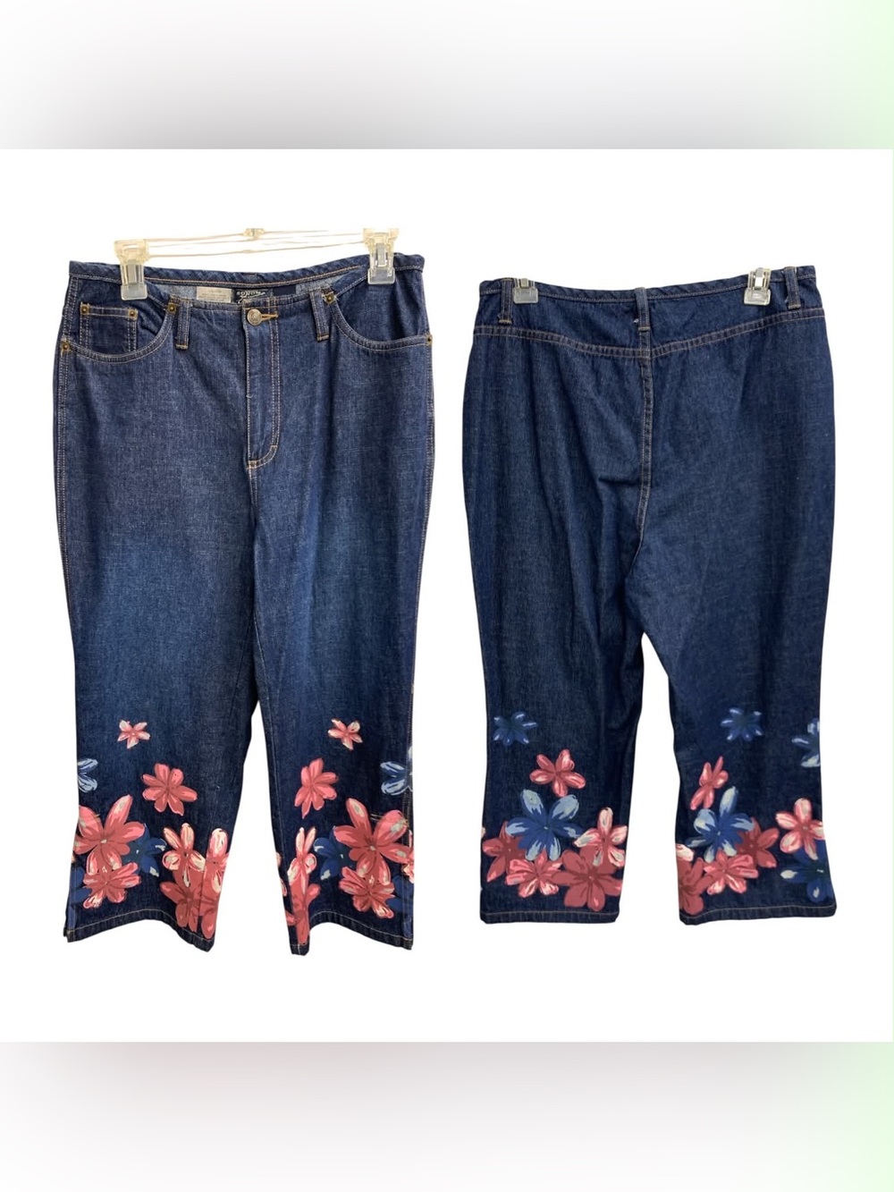 Sonoma Dark Blue Cropped Jeans with Pink & Blue Floral Hem Size M